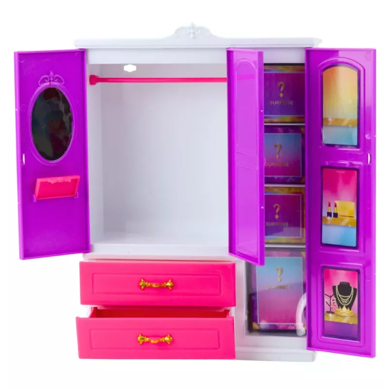 LEAN TOYS Anlily Lėlių Spinta su Lentynomis, Stalčiais ir Priešmiegamaisiais Aksesuarais, 24 vnt.
