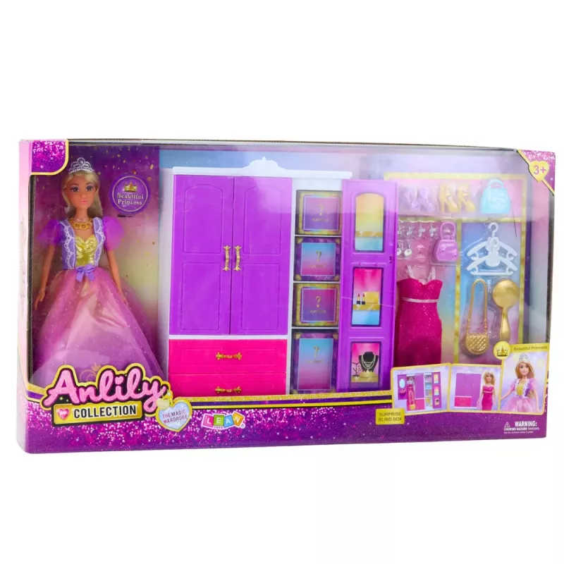 LEAN TOYS Anlily Lėlių Spinta su Lentynomis, Stalčiais ir Priešmiegamaisiais Aksesuarais, 24 vnt.
