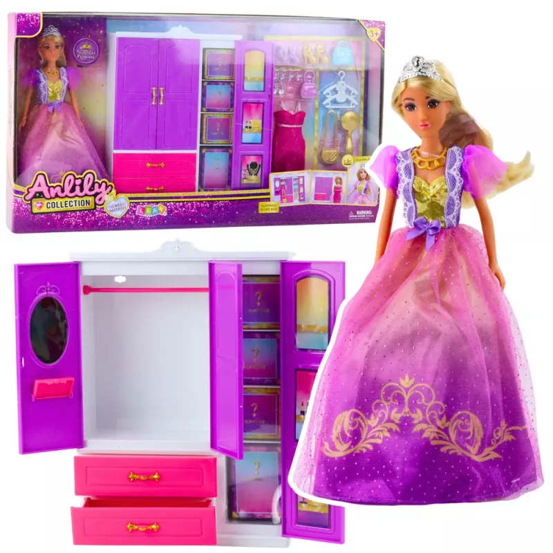 LEAN TOYS Anlily Lėlių Spinta su Lentynomis, Stalčiais ir Priešmiegamaisiais Aksesuarais, 24 vnt.