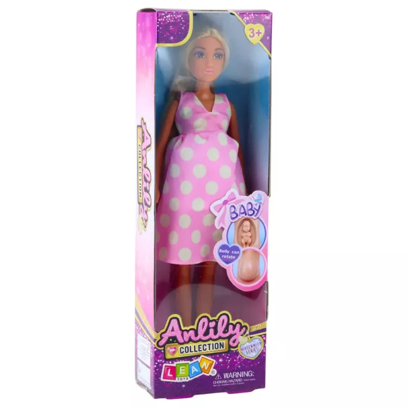 LEAN TOYS Anlily Nėščia Lėlė Šviesiai Rožinė Suknelė Taškeliais Ilgi Plaukai