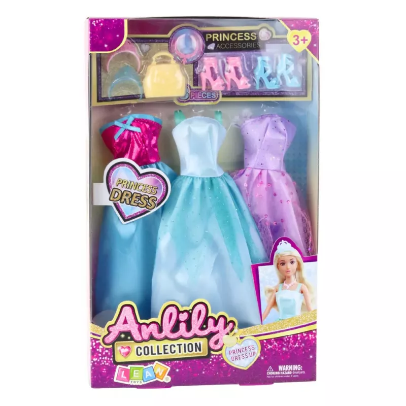 LEAN TOYS Anlily Lėlės Suknelės Rinkinys Su Batais, Rankine, Karūnomis ir Aksesuarais, 9 vnt.
