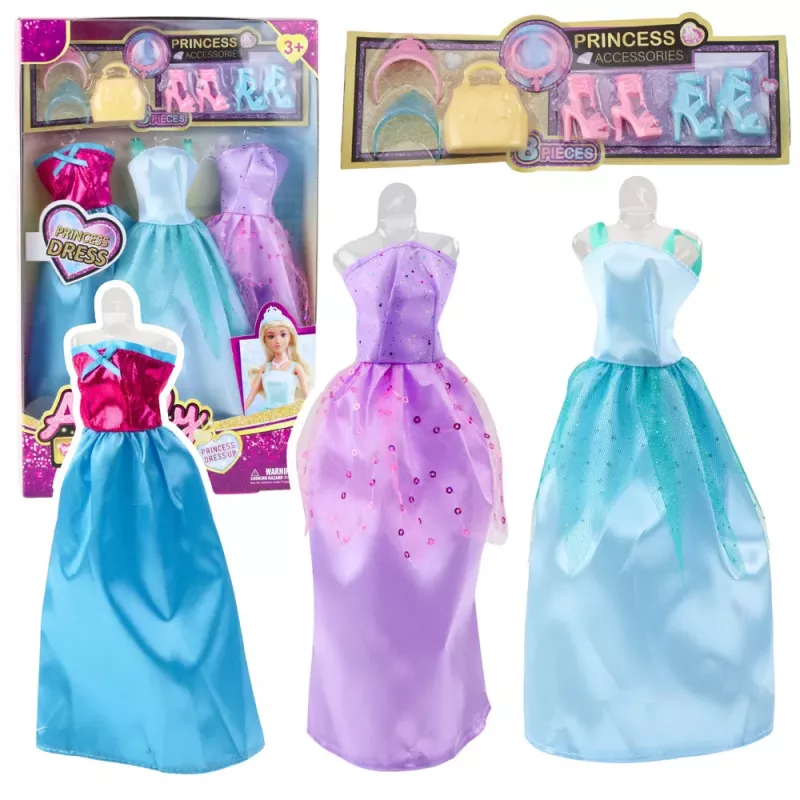 LEAN TOYS Anlily Lėlės Suknelės Rinkinys Su Batais, Rankine, Karūnomis ir Aksesuarais, 9 vnt.