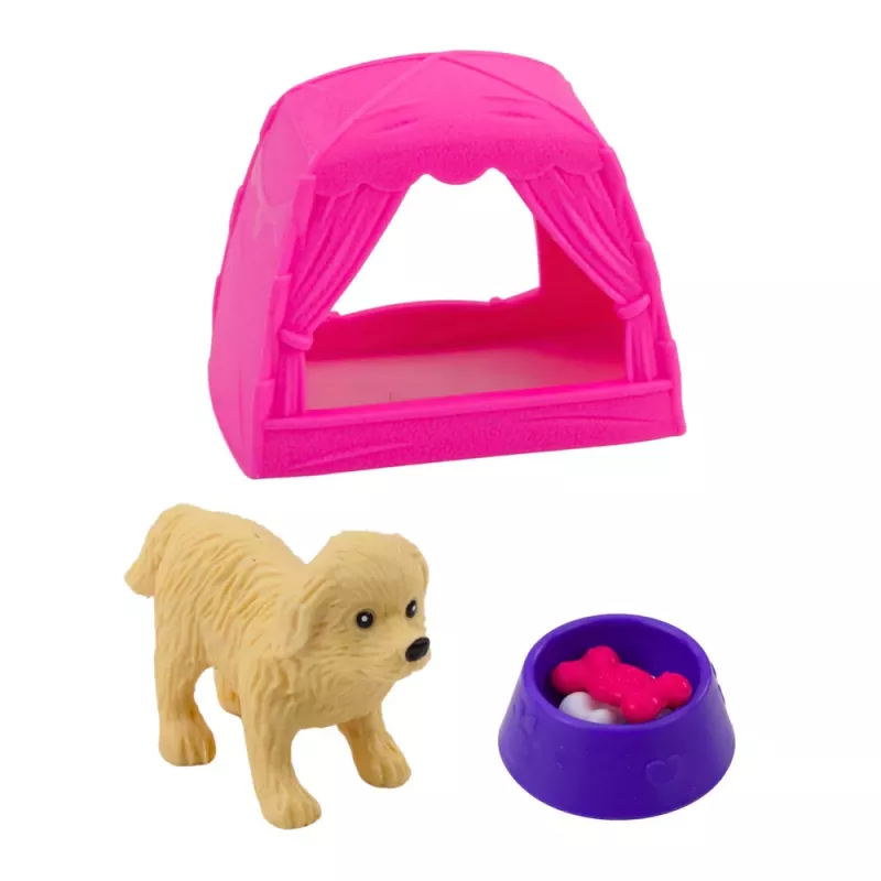 LEAN TOYS Mini lėlių rinkinys su šunimi, palapine ir aksesuarais