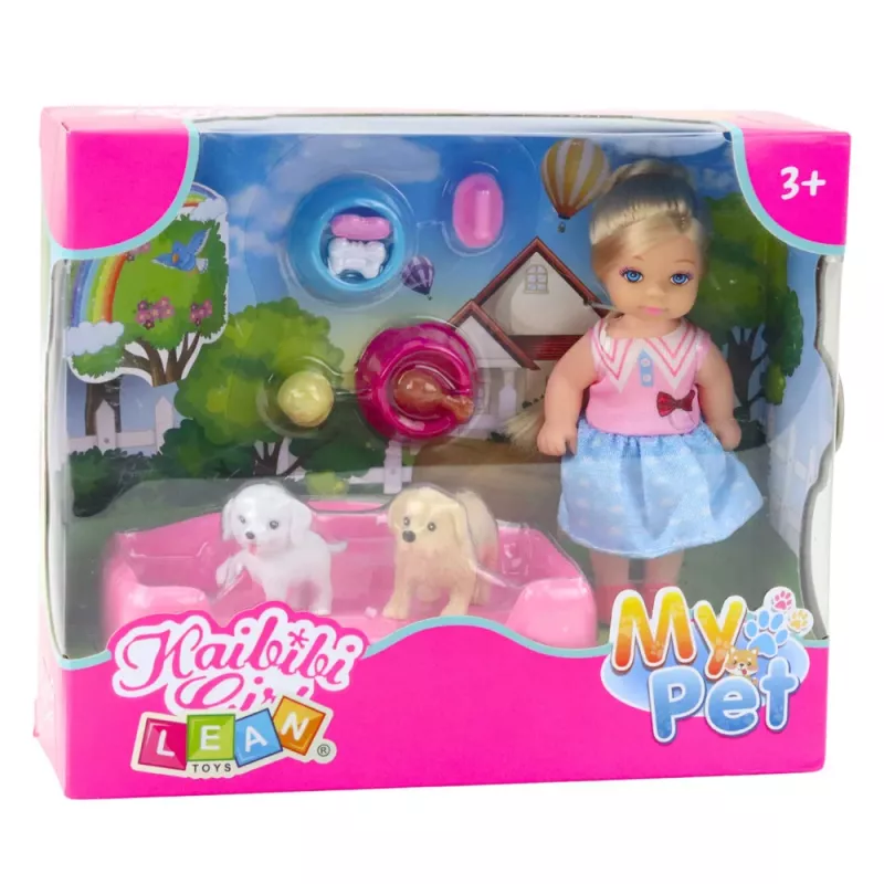 LEAN TOYS Mini Lėlių Rinkinys su Dviem Šunimis, Lova, Maisto Dubeniu