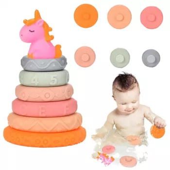 LEAN TOYS Piramidės bokštas mažiems vaikams, guminiai minkšti blokeliai, vienaragis