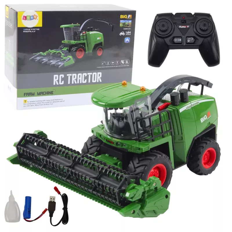 LEAN TOYS žemės ūkio kombainas su grūdų ir kukurūzų nuėmimo įranga, nuotoliniu būdu valdomas RC 1:24