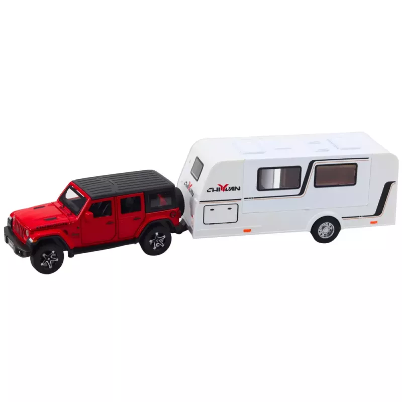 LEAN TOYS Automobilio ir kemperio rinkinys, visureigis, metalinis, su šviesomis ir garsais, raudonas, 1:32