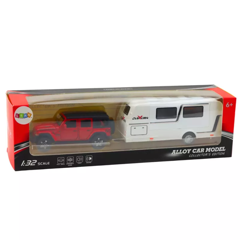 LEAN TOYS Automobilio ir kemperio rinkinys, visureigis, metalinis, su šviesomis ir garsais, raudonas, 1:32