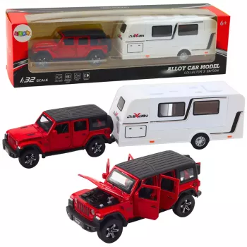 LEAN TOYS Automobilio ir kemperio rinkinys, visureigis, metalinis, su šviesomis ir garsais, raudonas, 1:32