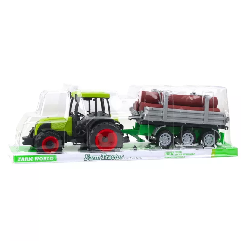 LEAN TOYS Žalias žemės ūkio traktorius su priekaba rąstams 47cm