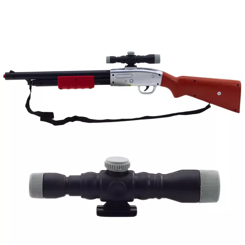 LEAN TOYS Šautuvo ir šratinio ginklo rekvizitas su peties diržu, taikikliu, rudas, garsai, 65 cm