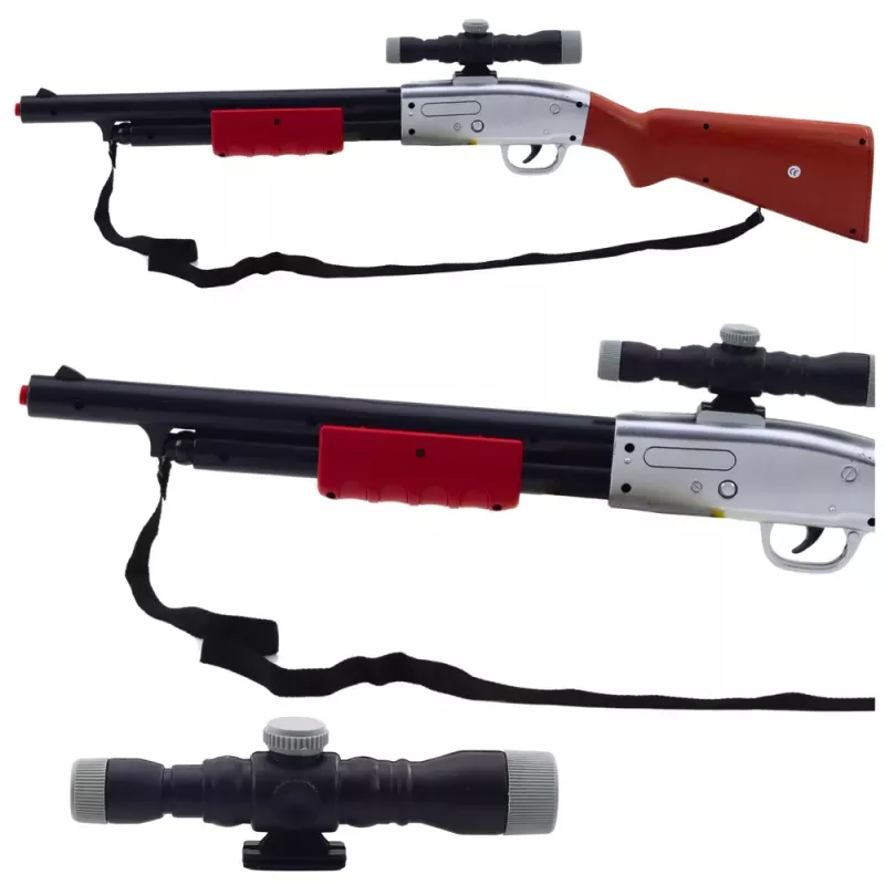 LEAN TOYS Šautuvo ir šratinio ginklo rekvizitas su peties diržu, taikikliu, rudas, garsai, 65 cm