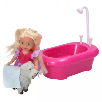 LEAN TOYS Mini lėlių rinkinys su vonia ir baltu šuneliu rožinis
