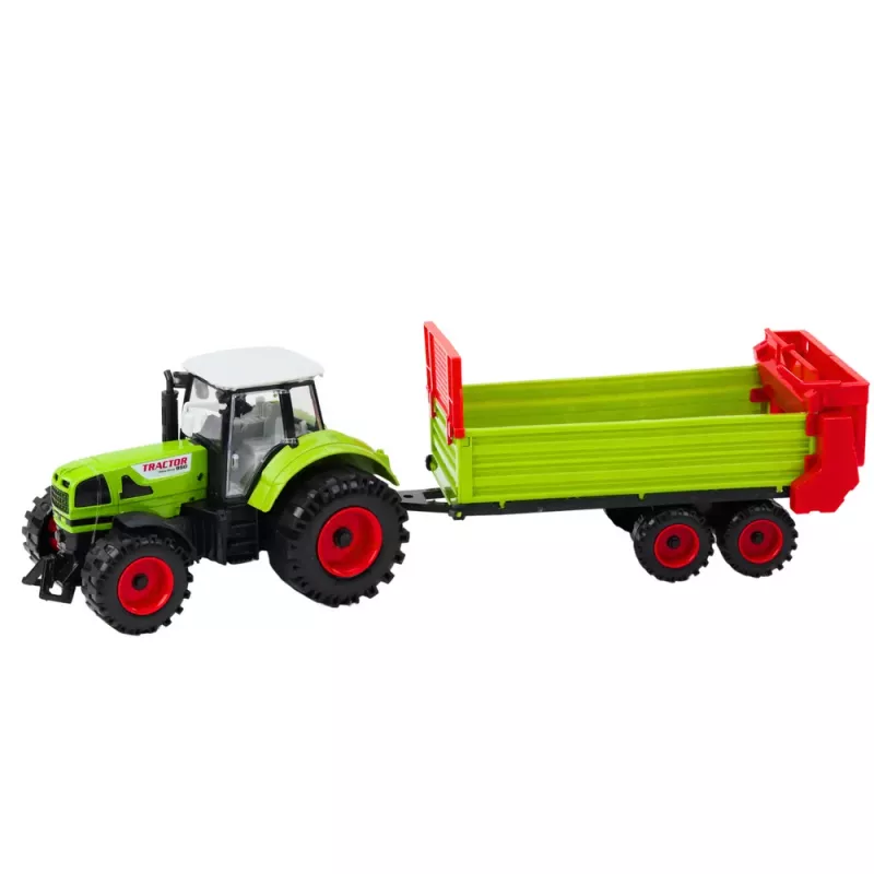 LEAN TOYS Traktorius su priekaba, trinties pavara, atidaromas gaubtas, durys, žalias