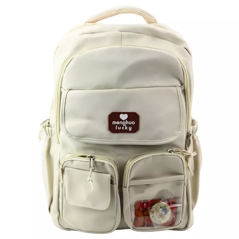 LEAN Urban School Backpack Capybara Keychain Badges Beige Cream 25L 42cm