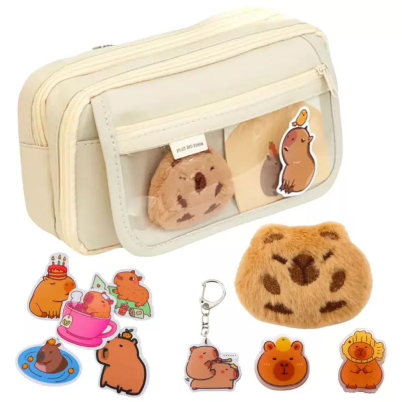 LEAN Two-Compartment School Pencil Case with Pockets and Accessories Kapybara 21x12 cm