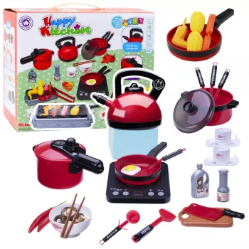 LEAN TOYS Virtuvės rinkinys su puodais, maistu, baterijomis maitinama kaitlente ir aksesuarais, 36 vnt.