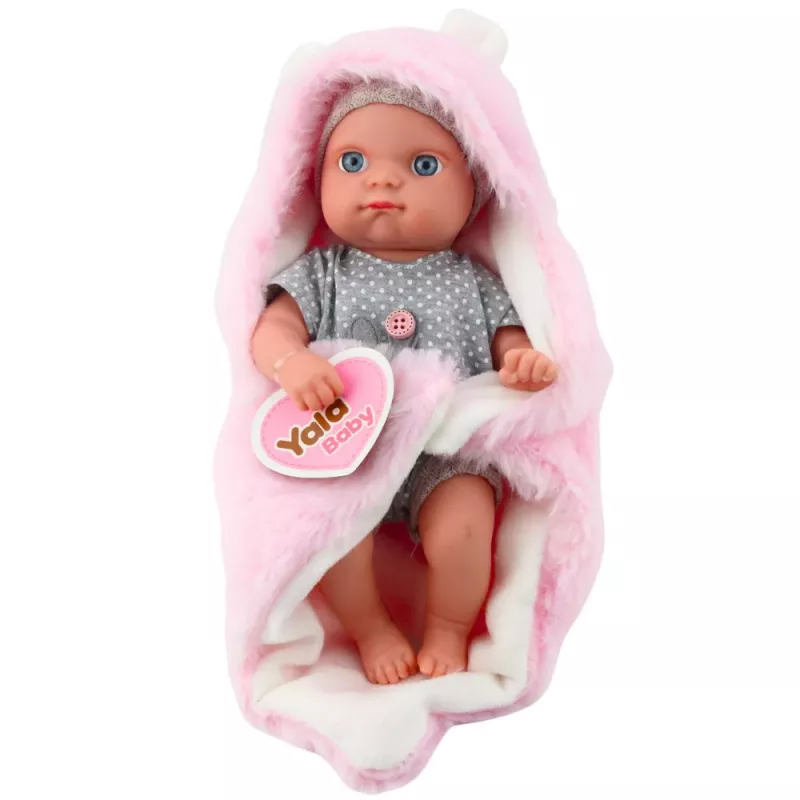 LEAN TOYS Kūdikio lėlė pilkomis pižamomis su rožine zuikio antklode, 23 cm