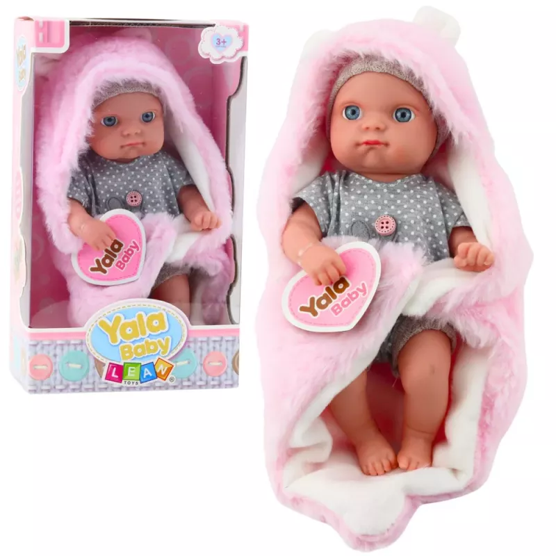 LEAN TOYS Kūdikio lėlė pilkomis pižamomis su rožine zuikio antklode, 23 cm