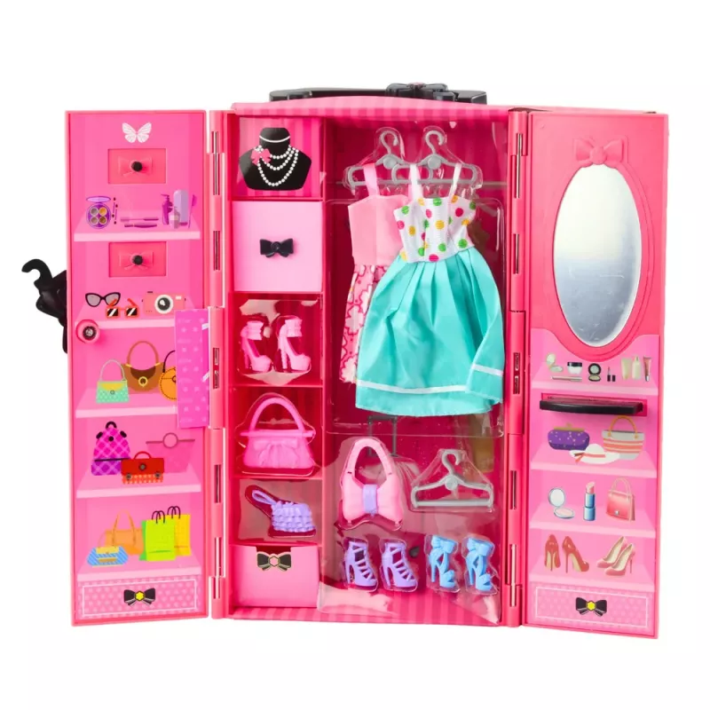 LEAN TOYS Lėlė su spintos aksesuarais, rožiniai drabužiai, mados apsirengimo rinkinys