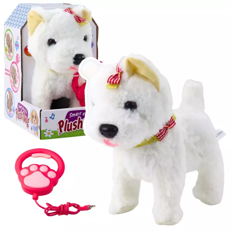 LEAN TOYS Interactive Dog with Bows on a Leash Walks and Barks White