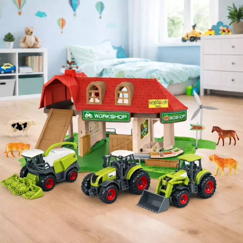 LEAN TOYS Ūkio tvartas, traktoriai, figūrėlės, gyvūnai 42 vnt.