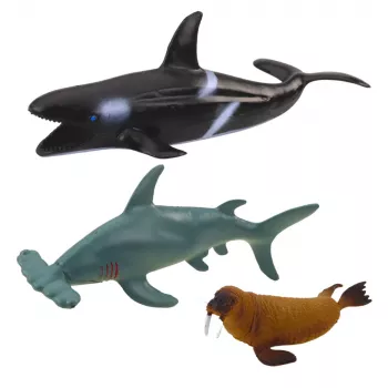 LEAN TOYS Jūros gyvūnų figūrėlių rinkinys: Ryklys, Plaktukagalvis ryklys, Orka, Jūrų arkliukas, Omaras, Vėžlys, 6 vnt.