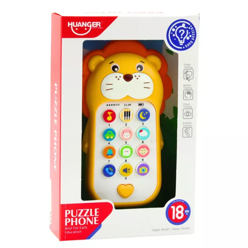 LEAN TOYS Interaktyvus lavinamasis telefonas mažiems vaikams su garsais ir melodijomis, geltonas liūtas