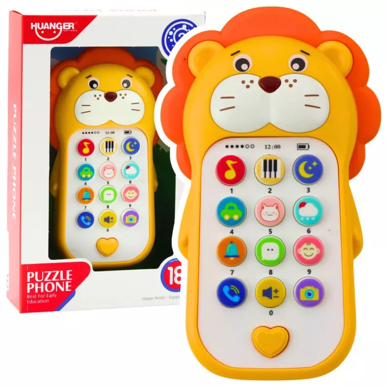 LEAN TOYS Interaktyvus lavinamasis telefonas mažiems vaikams su garsais ir melodijomis, geltonas liūtas
