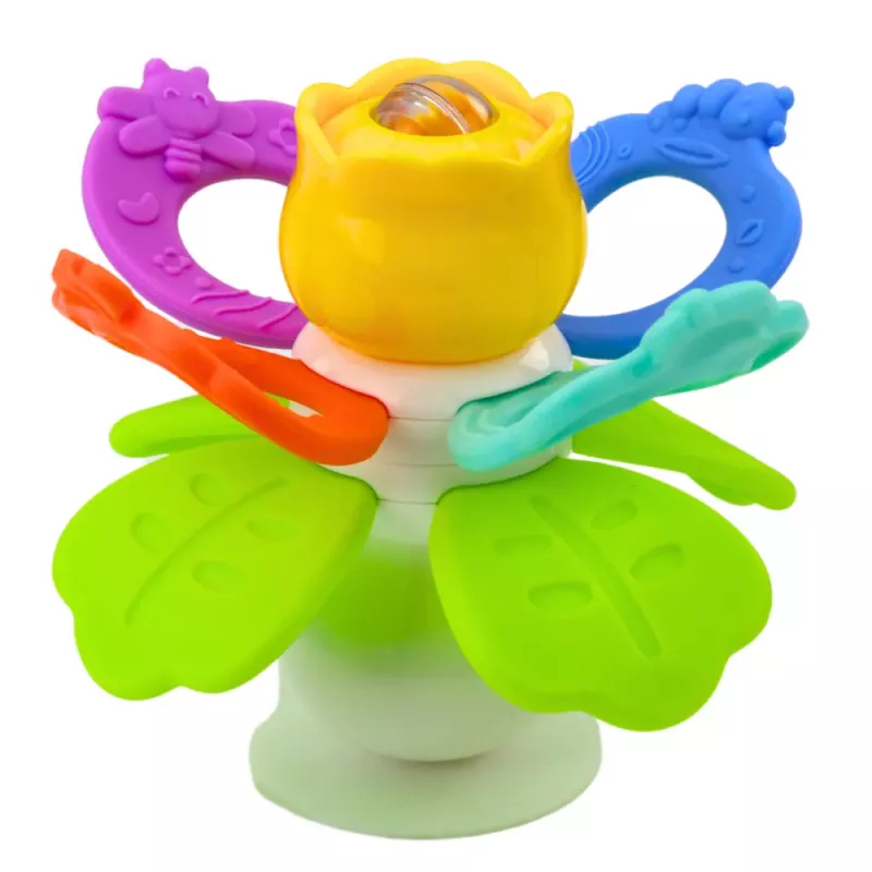 LEAN TOYS Sensorinis žaislas Gėlė besisukanti su dantukų masažuokliais ir siurbtuku