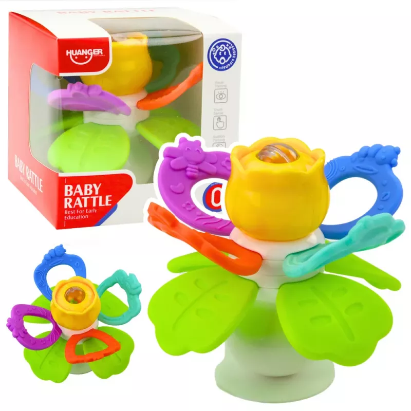LEAN TOYS Sensorinis žaislas Gėlė besisukanti su dantukų masažuokliais ir siurbtuku
