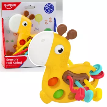 LEAN TOYS Sensorinis žaislas Girafė su traukiamomis virvelėmis, geltona