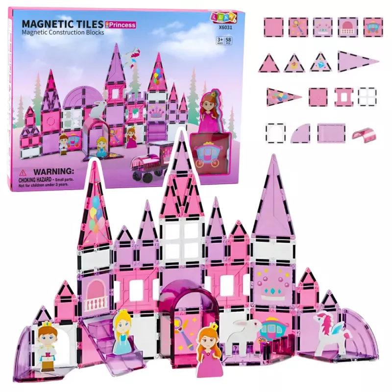LEAN TOYS Magnetiniai langų blokeliai mergaitėms rožiniai 58 vnt.