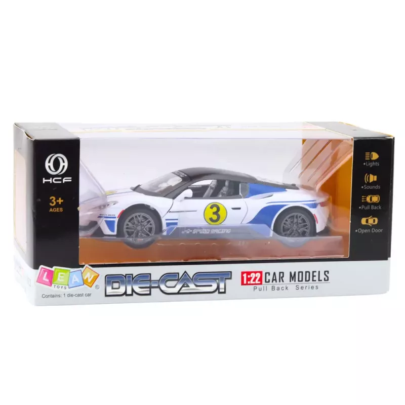 LEAN TOYS Metal Sports Car Lights Sounds Drive White 1:22