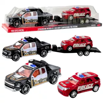 LEAN TOYS Visureigių policijos automobilių rinkinys su vilkiku ir patruliniu automobiliu