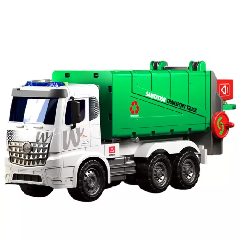 LEAN TOYS Didelis šiukšliavežis su kėlimo funkcija, 2 konteineriai, šviesos, garsai, žalias, 1:10