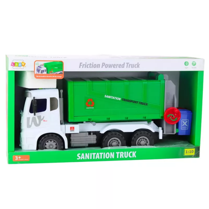 LEAN TOYS Didelis šiukšliavežis su kėlimo funkcija, 2 konteineriai, šviesos, garsai, žalias, 1:10