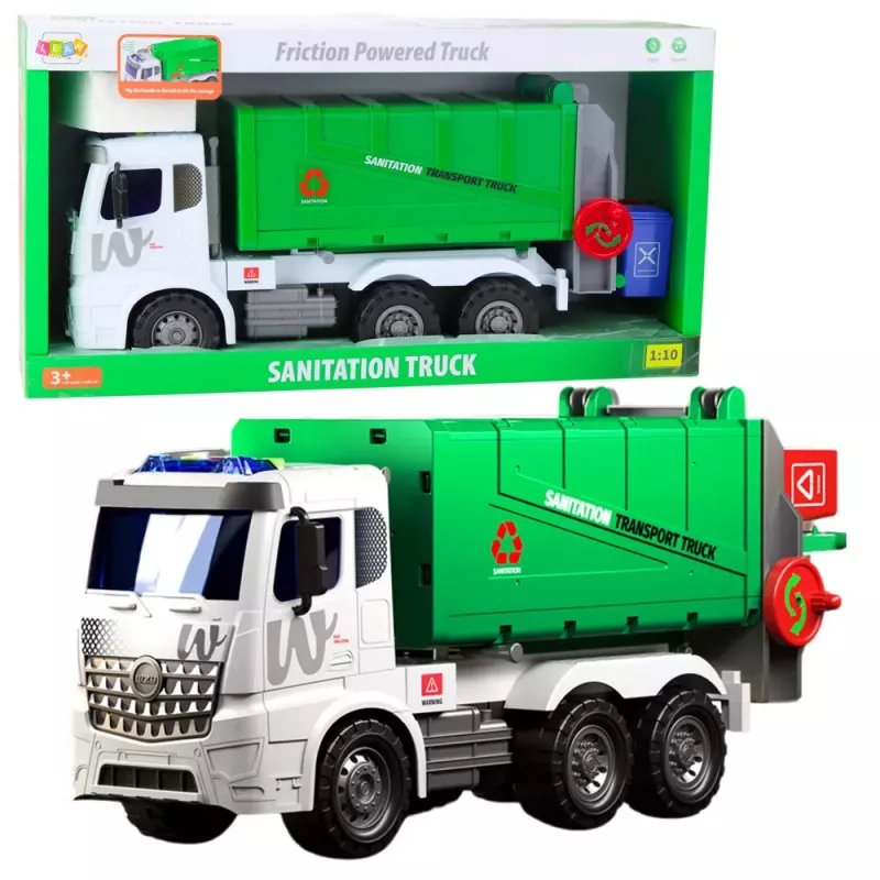 LEAN TOYS Didelis šiukšliavežis su kėlimo funkcija, 2 konteineriai, šviesos, garsai, žalias, 1:10