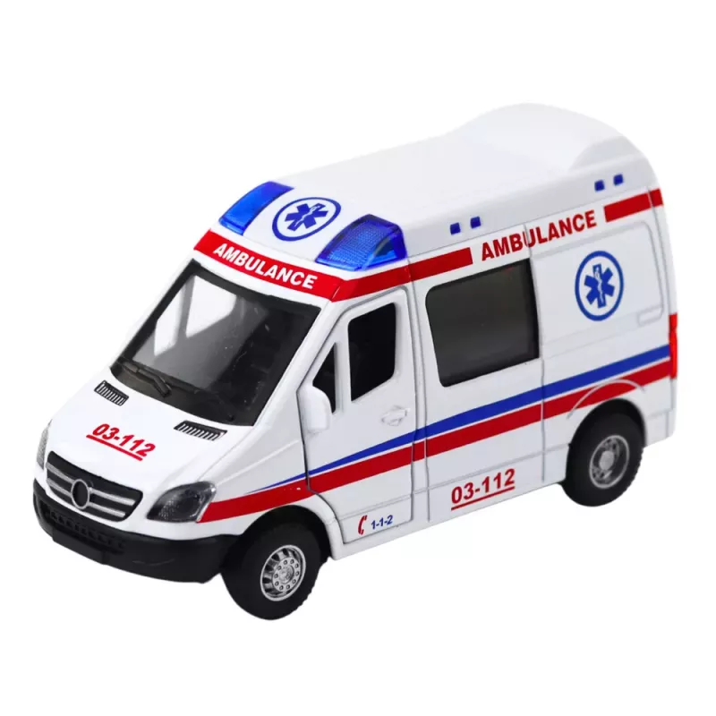 LEAN TOYS Ambulance Metal Pull Back Motorized Lights Sounds White 1:32
