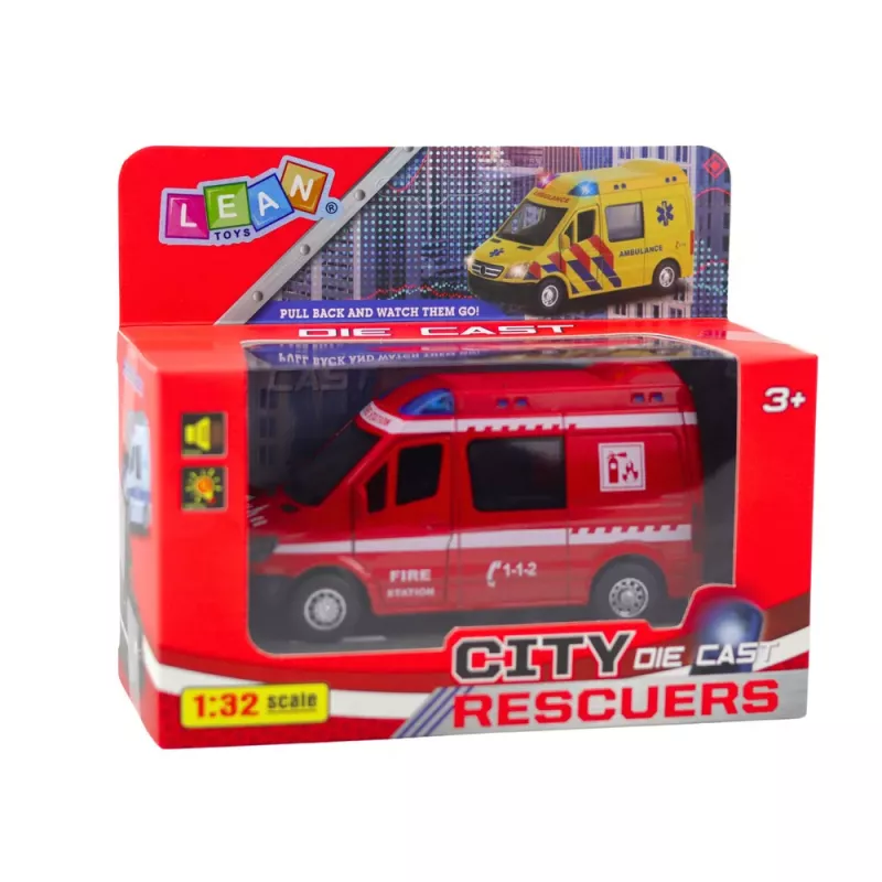 LEAN TOYS Gaisrinis automobilis Metalas Pull Back Variklis Šviesos Garsai Raudonas 1:32