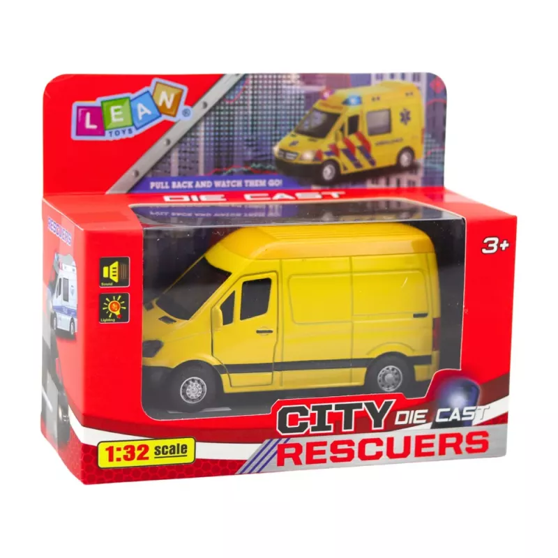 LEAN TOYS Metalinis pristatymo furgonas su atbulinės eigos varikliu, šviesomis ir garsais, geltonas, 1:32 mastelis