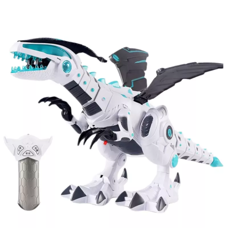 LEAN TOYS RC nuotoliniu valdymu valdomas dinozauras robotas su sparnais, šviesomis ir garsais baltas