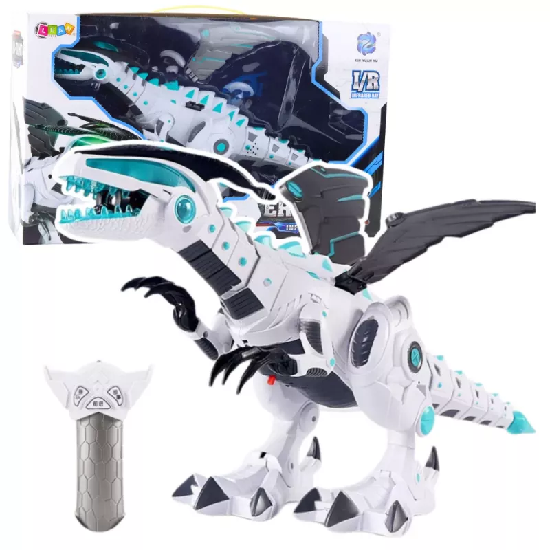 LEAN TOYS RC nuotoliniu valdymu valdomas dinozauras robotas su sparnais, šviesomis ir garsais baltas