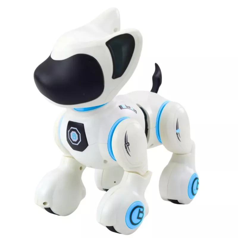 LEAN TOYS Interaktyvus robotas šuo su nuotolinio valdymo pultu, šviesos ir garso efektais, baltas mėlynas