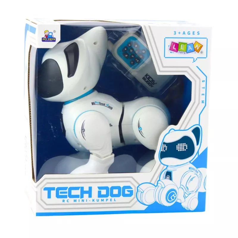 LEAN TOYS Interaktyvus robotas šuo su nuotolinio valdymo pultu, šviesos ir garso efektais, baltas mėlynas