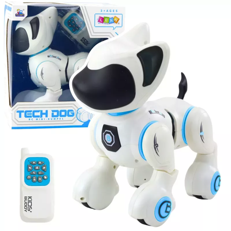 LEAN TOYS Interaktyvus robotas šuo su nuotolinio valdymo pultu, šviesos ir garso efektais, baltas mėlynas