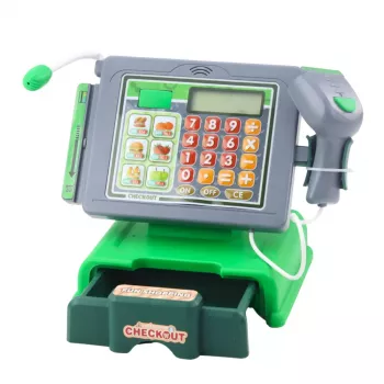 LEAN TOYS Kasos aparatas vaikams su aksesuarais, krepšeliu, vaisiais, šviesomis, garsais, žalias