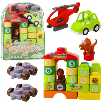 LEAN TOYS Edukaciniai konstravimo blokeliai kuprinėje Dinozaurai Skaičiai Raidės 49 vnt.