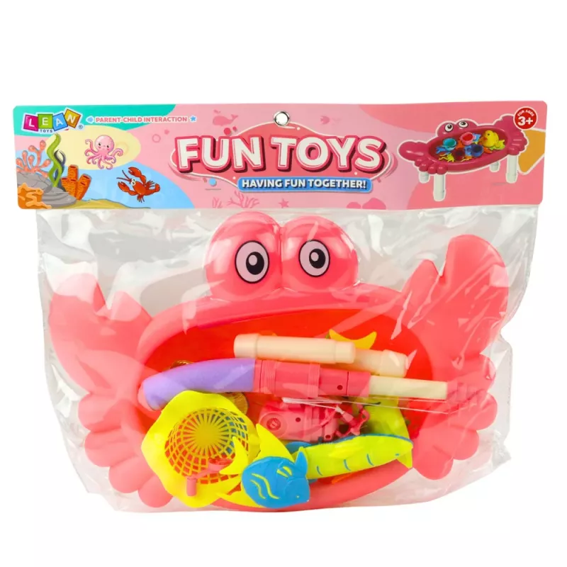 LEAN TOYS Žvejybos rinkinys: krabų stalas, 10 žuvų, meškerė, sietelis, rožinė
