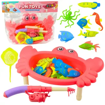 LEAN TOYS Žvejybos rinkinys: krabų stalas, 10 žuvų, meškerė, sietelis, rožinė